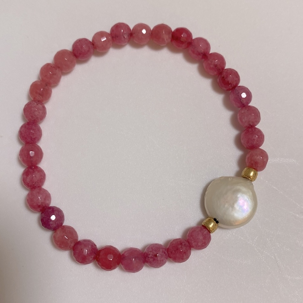 New Natural Pink Semiprecious Stone & Freshwater Pearl Stretch Bangle Pink/Gold
